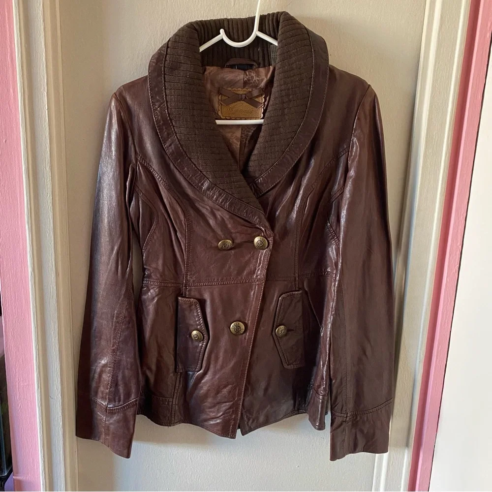 Guess Brown Leather Jacket with Fabric Collar and Gold Tone Hardware